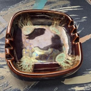 VTG Mid Century Ceramic Retro Ashtray Square Brown Drip Glaze